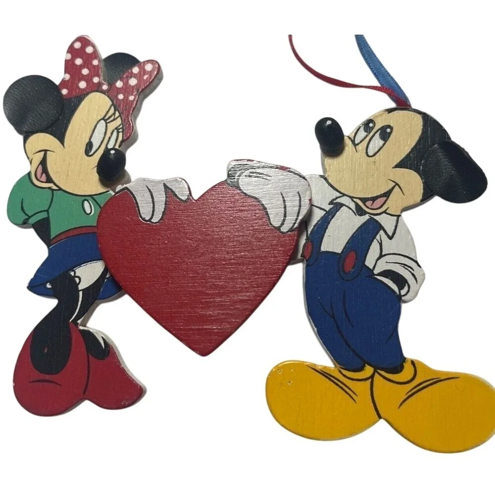 Disney Minnie & Mickey Mouse Wooden Love Heart Silk Ribbon Christmas Ornament 5